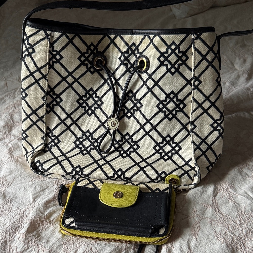 Spartina 449 Black and Cream Patterned Shoulder Bag with Pouch